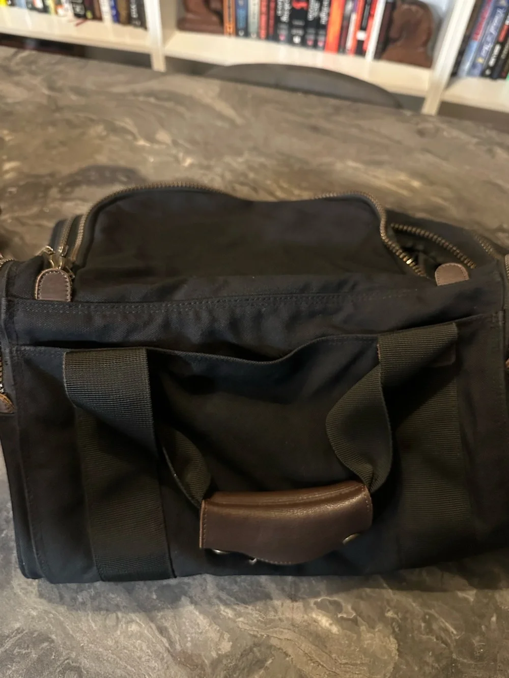Eddie Bauer Black Canvas Duffel with Brown Leather Trim